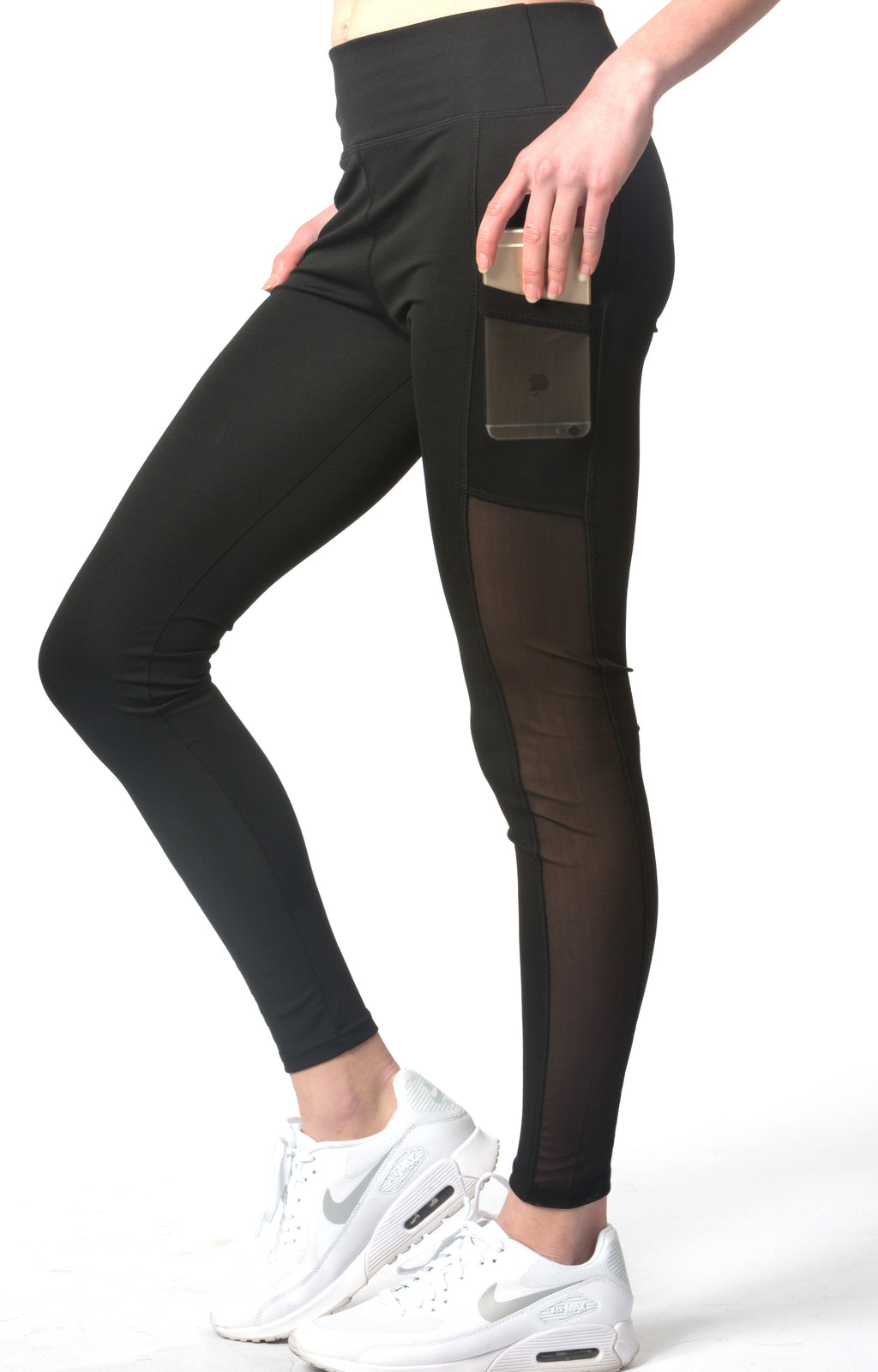 Women's Active Wear Black Mesh Slim Stretch Yoga Legging With Two Side Pockets ITEM NO: EM180018