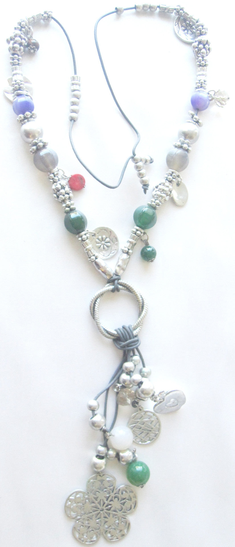Women's Four Leaf Clover  Design Necklace.  Girl's Green  Purple Stones  Necklace  EM- N21