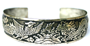 Fashion Dragon And Phoenix Etched Sterling Silver Cuff Bracelet EM-B3