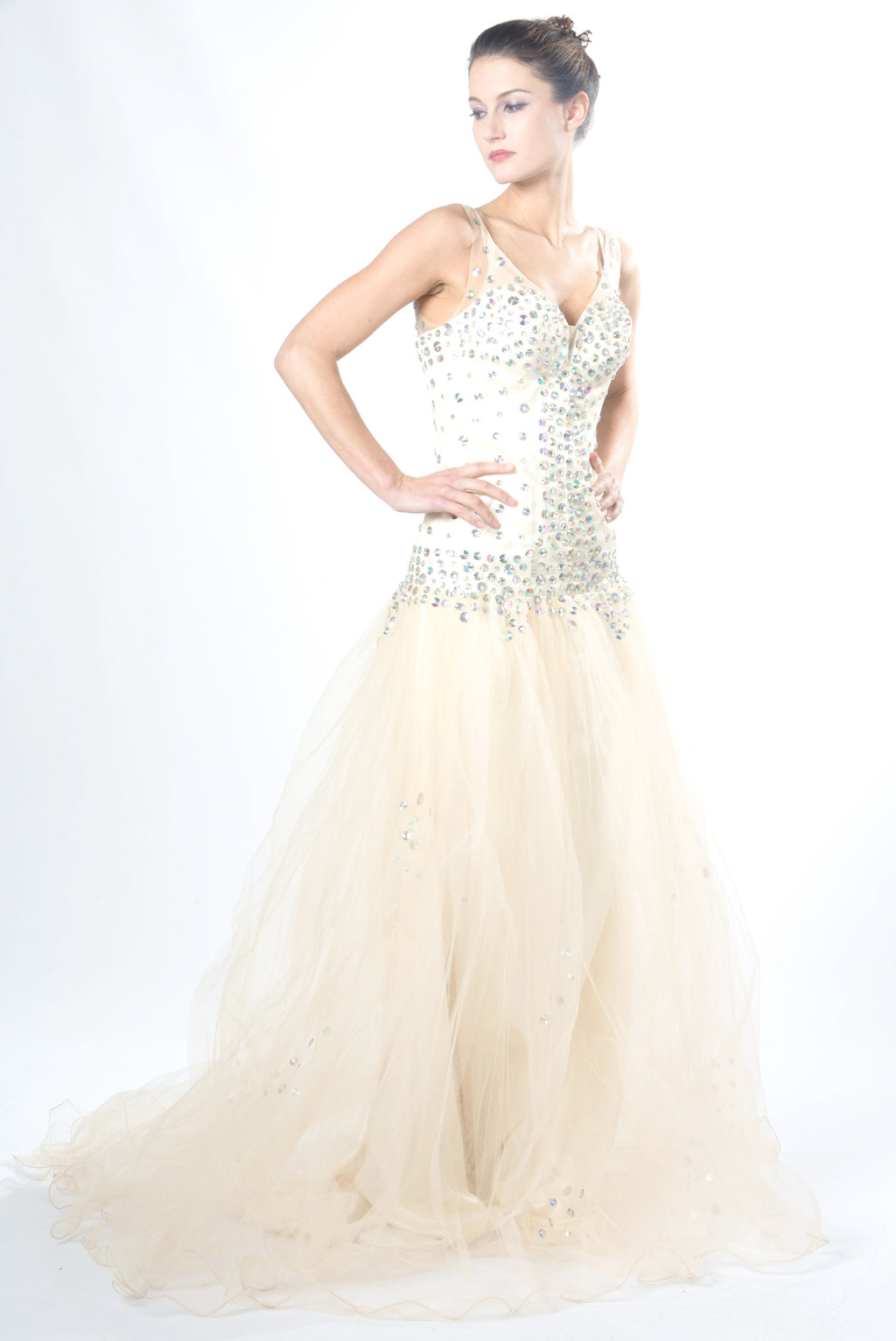 Women's Beige Bridal Dress. Sparkle Princess Evening Gown.Princess Prom EM00031