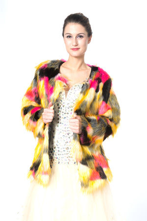 Luxury Faux Fur Jacket  Long Sleeves Colorblock Faux Fur Coat Plus Size Jacket  #EM18001