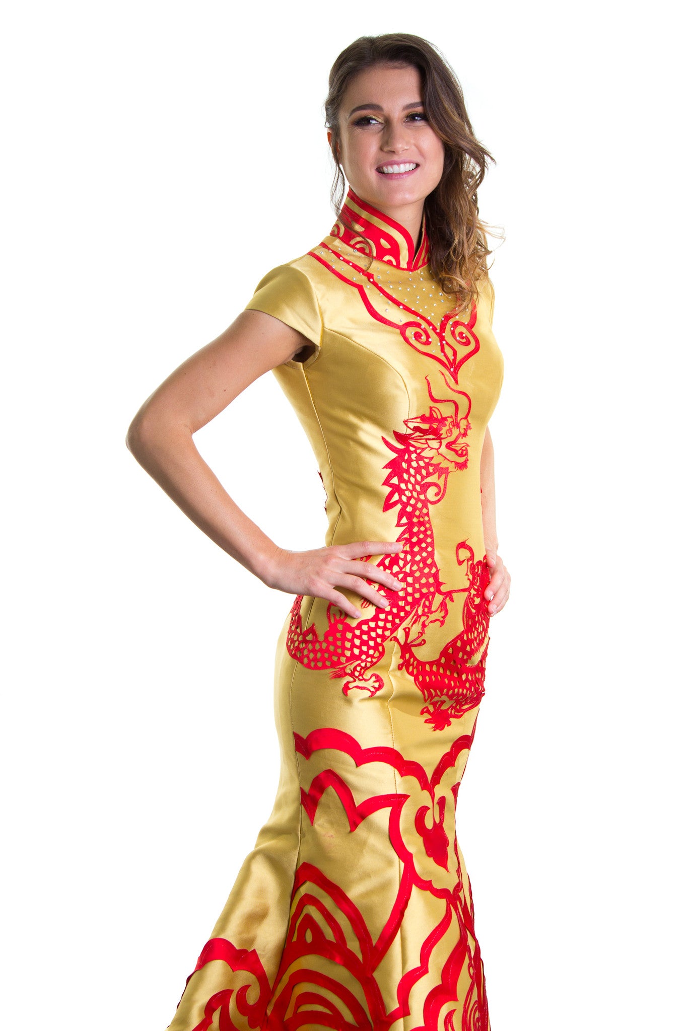 Golden Mermaid Qipao  Dress. Cheongsam .  Luxury Red Carpet Dresses EMQ1