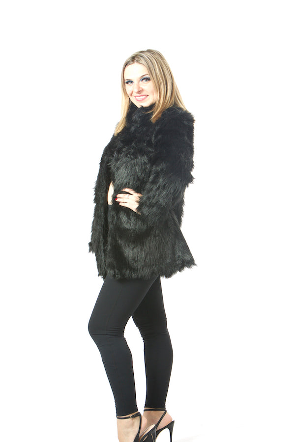 luxury black faux fur jacket ,stand collar faux fur coat , online shopping faux fur , wholesale faux fur jacket , USA brand 