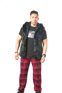 luxury faux fur vest , unisex black faux fur vest , black smooth faux fur jacket , wholesale faux fur coat , USA brand , fashion show fur vest 