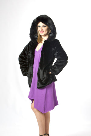 Faux Fur Coat With Hat  Black Faux Fur Coat For Women #EMW190021
