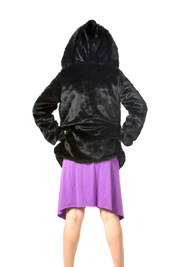 black faux fur jacket, hooded faux fur coat, pockets faux fur jacket ,opent front faux fur coat wholesale faux fur jacket USA brand jacket  lafw nyfw mlfw pfw california style coat hollywood jacket 