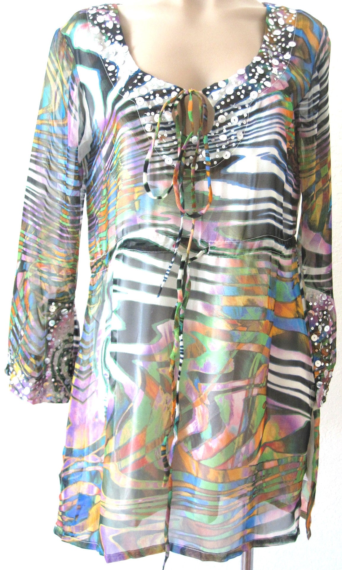 Women's Blouse  Long Sleeves Top Zebra Strips Printed Handmade Sparkles Maxi  Cover-up KHL-EM2300Zebra