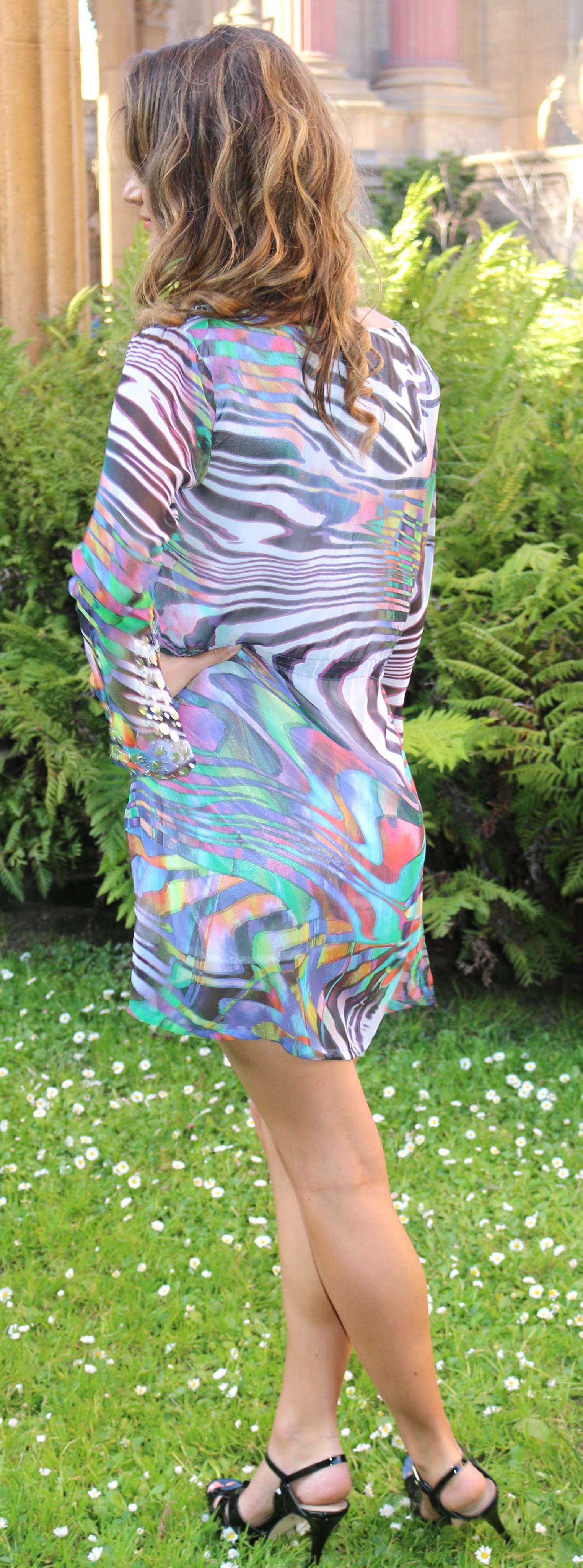 Women's Blouse  Long Sleeves Top Zebra Strips Printed Handmade Sparkles Maxi  Cover-up KHL-EM2300Zebra