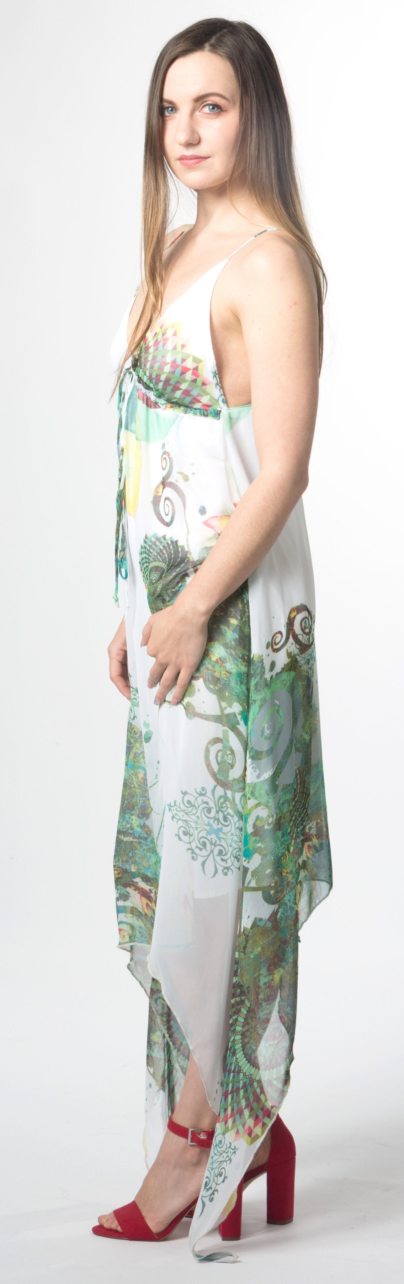 Ellie Mei Woman's White Green Mixed Printed Chiffon Open Back Dres EM62 White