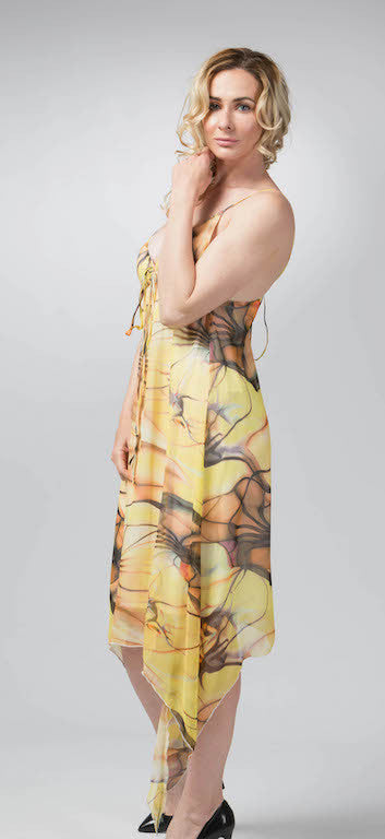 Ellie Mei Women's Printed Chiffon Dress.   Multi -Color  Chiffon Dress.  Open Back Dress  KHL-EM62Yellow