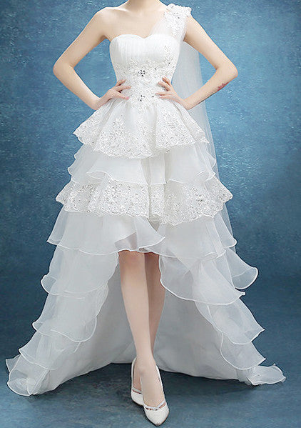 Women's White Asymmetrical Hem One Shoulder Stylish .Red Carpet Dress. Wedding Dress EM10003
