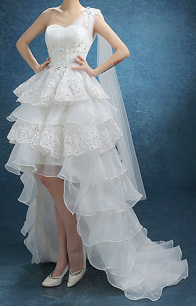 Women's White Asymmetrical Hem One Shoulder Stylish .Red Carpet Dress. Wedding Dress EM10003