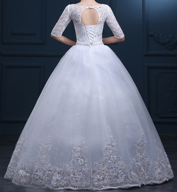 Women's White Half Sleeves Beaded  Wedding Dress . Princess Dress. Red Carpet Dress EM10007