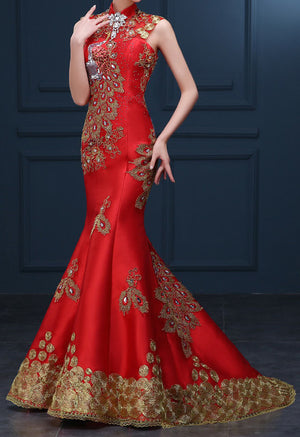Women's Red Golden Embroidery Sequined With Phoenix Qipao .Cheongsam.EMQ3