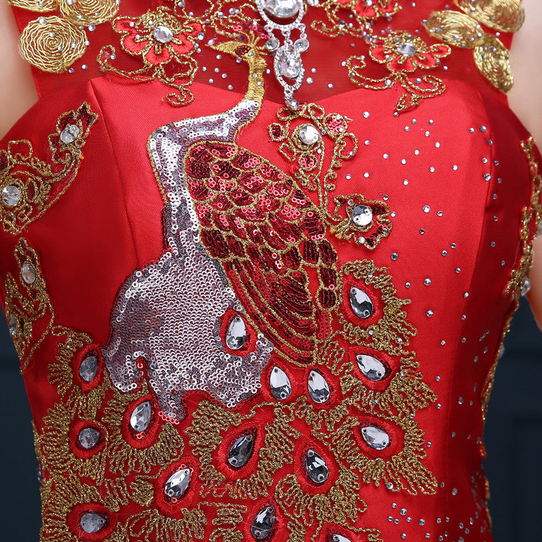 Women's Red Golden Embroidery Sequined With Phoenix Qipao .Cheongsam.EMQ3