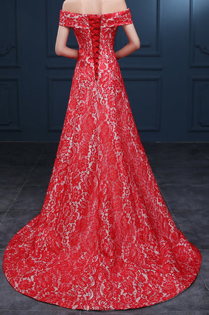 Women's Red Lace Bateau Neckline Evening Gown EM10005