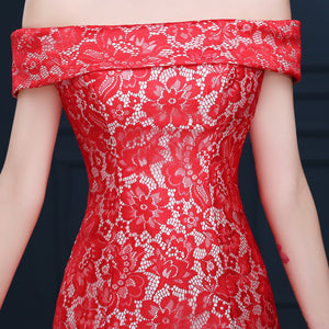 Women's Red Lace Bateau Neckline Evening Gown EM10005