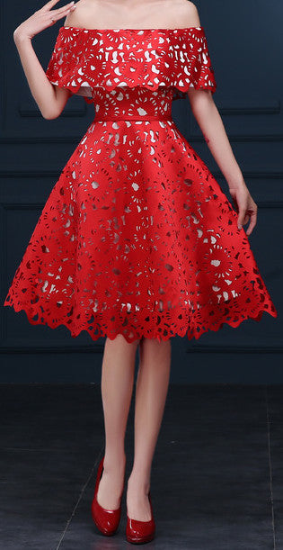 Women's Red Satin Lace Bridesmaid Dress EM10003