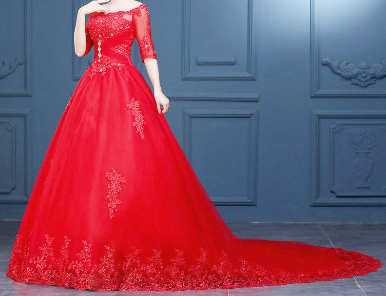 Women's Red  White A-Line Princess Trumpet Wedding Dress EM10002