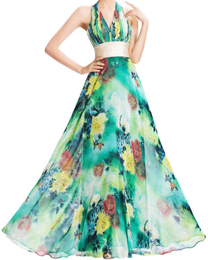 Women's V- Neckline Green Floral Chiffon  Dress Prom Party Wear EM00012